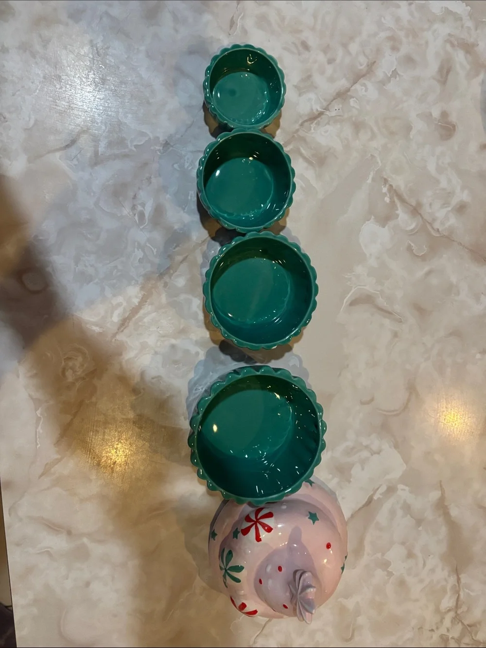 Measuring cup Pink Frosted Cupcake with Red & Teal Candy Accents